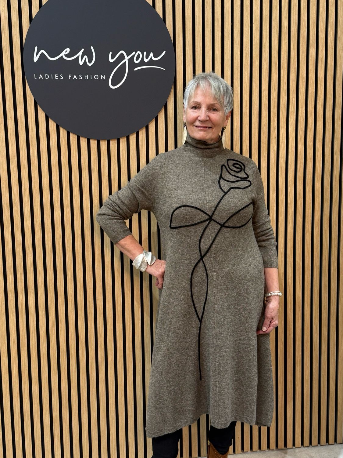 Rose Motif Knit Dress - Taupe