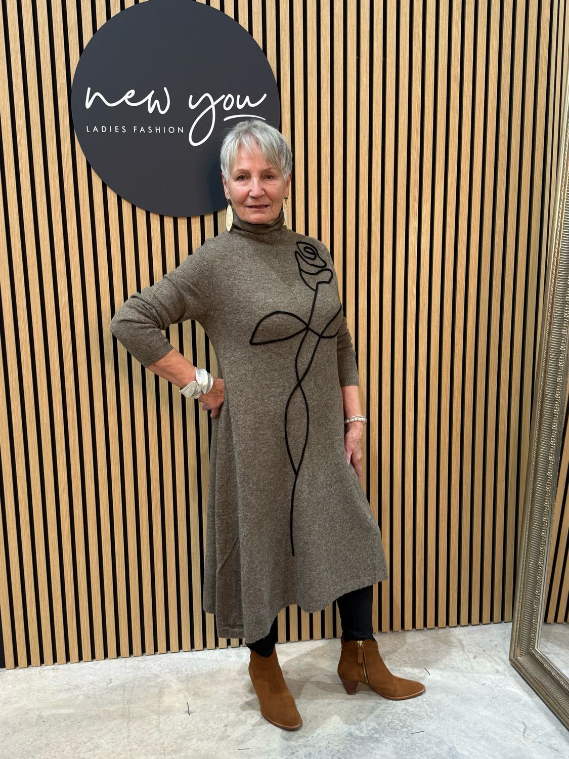 Rose Motif Knit Dress - Taupe