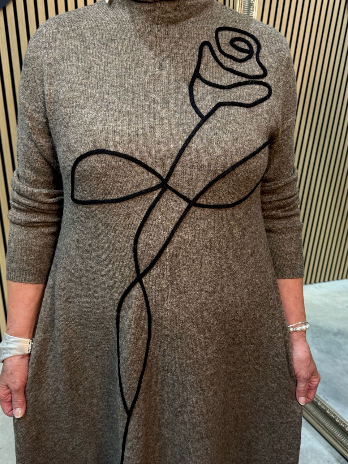 Rose Motif Knit Dress - Taupe