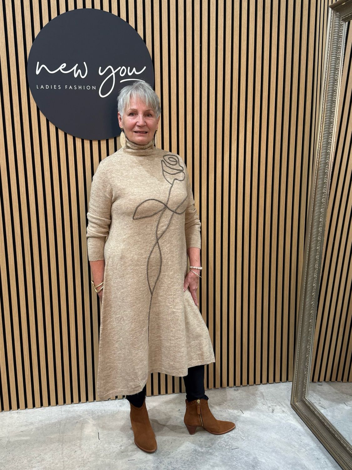 Rose Motif Knit Dress - Beige