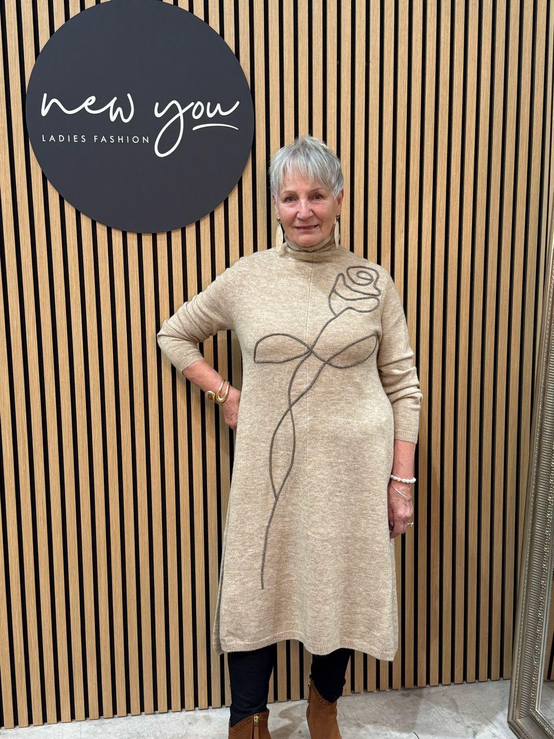 Rose Motif Knit Dress - Beige