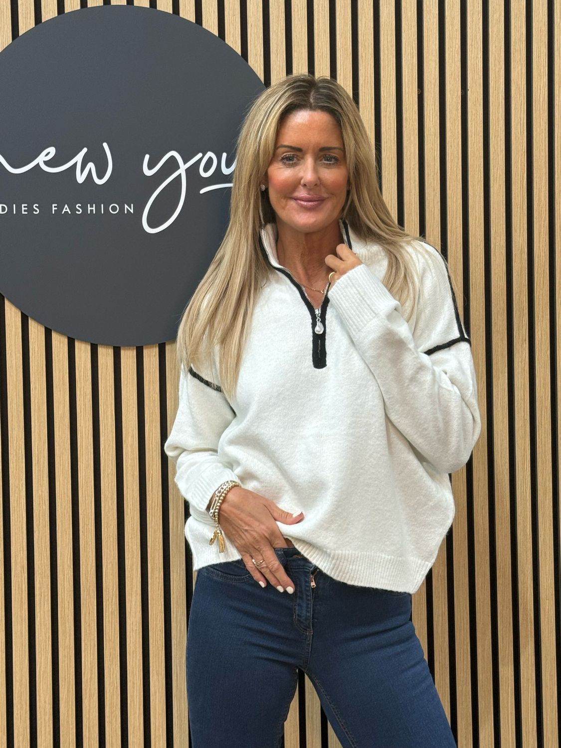 Half Zip Contrast Knit Jumper - White