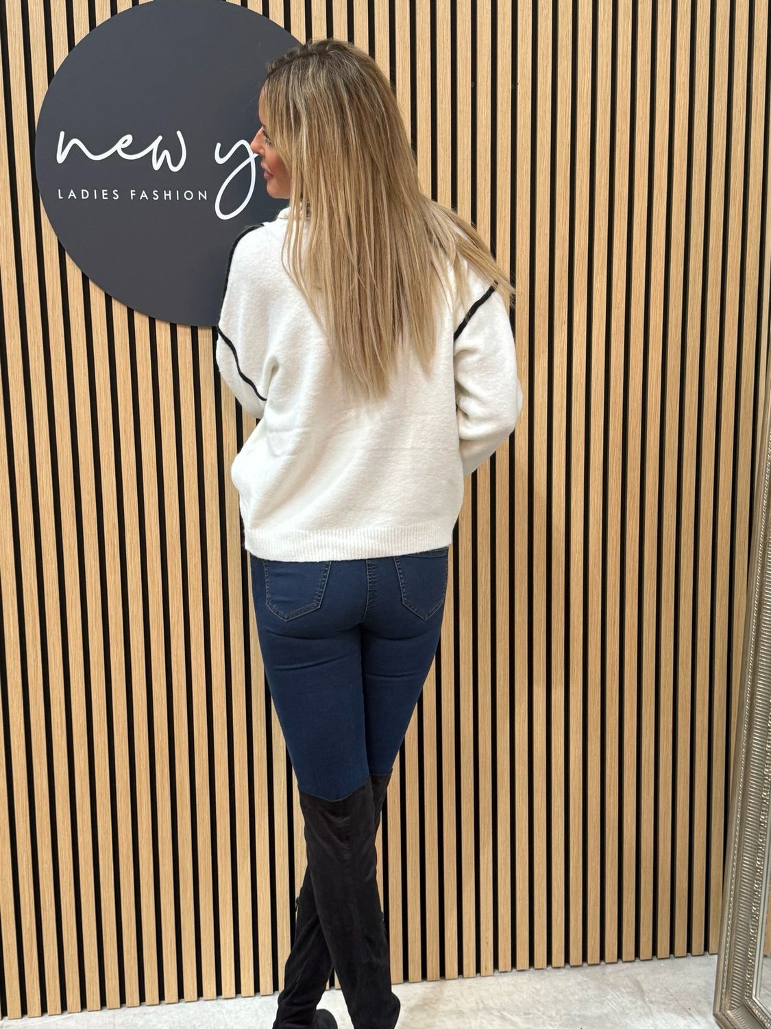 Half Zip Contrast Knit Jumper - White