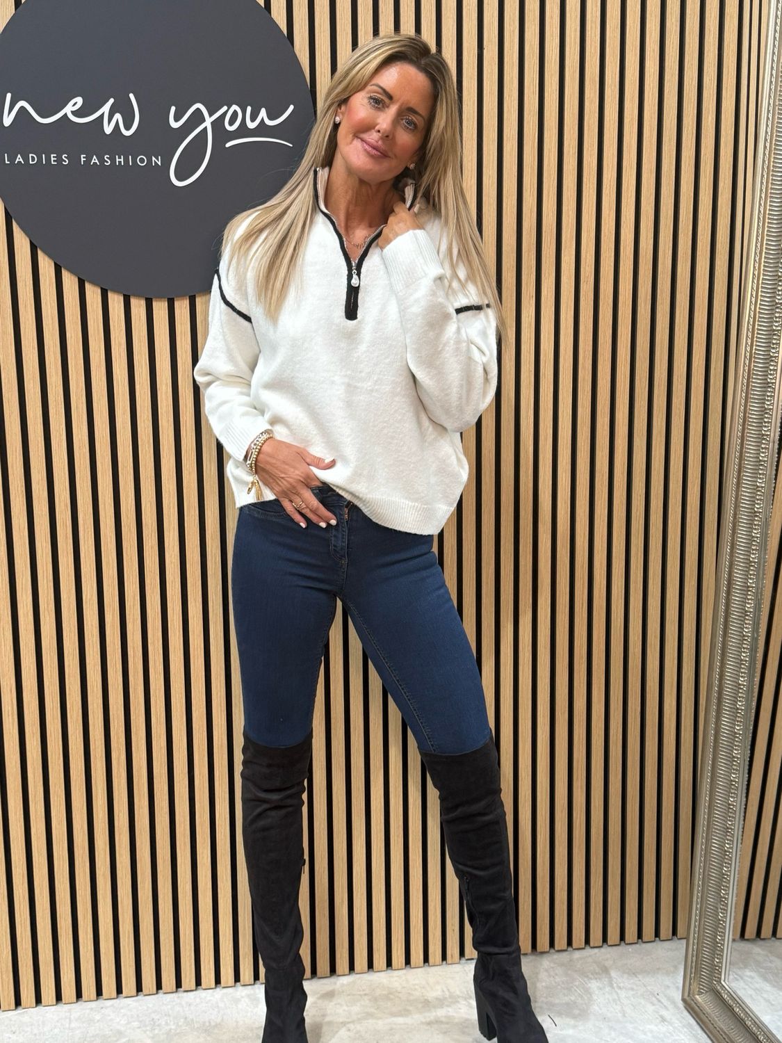 Half Zip Contrast Knit Jumper - White