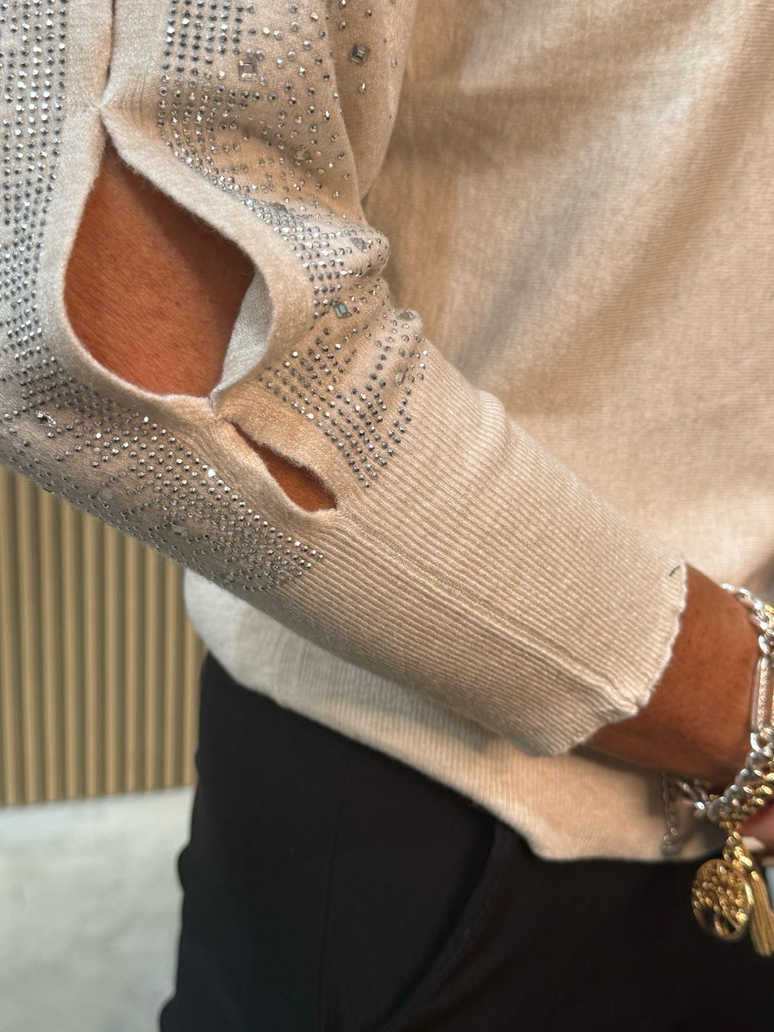 Embellished Cut Sleeve Jumper - Beige