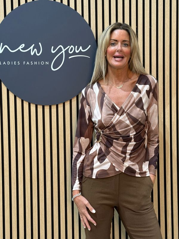 Veronica - Abstract Print Gold Buckle Design - Coffee/Brown