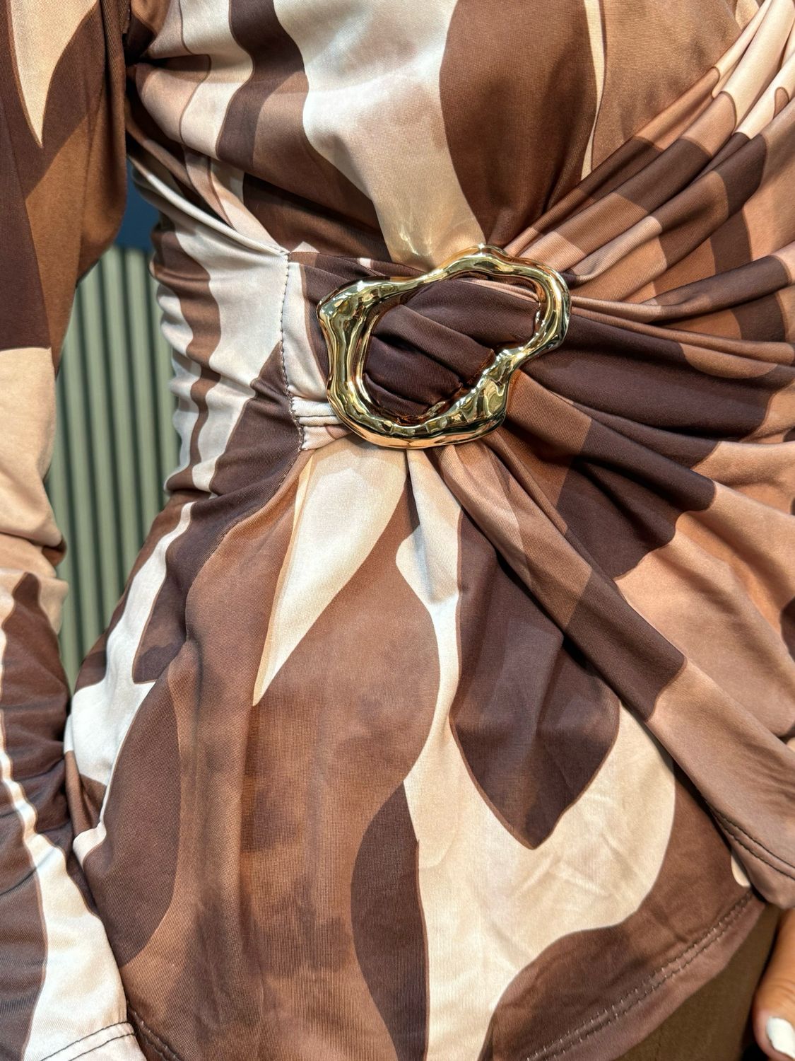 Veronica - Abstract Print Gold Buckle Design - Coffee/Brown
