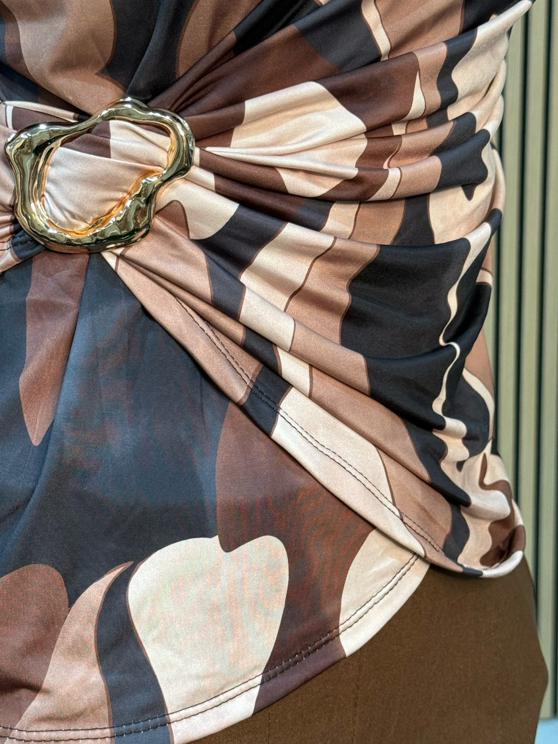 Veronica - Abstract Print Gold Buckle Design - Black/Coffee