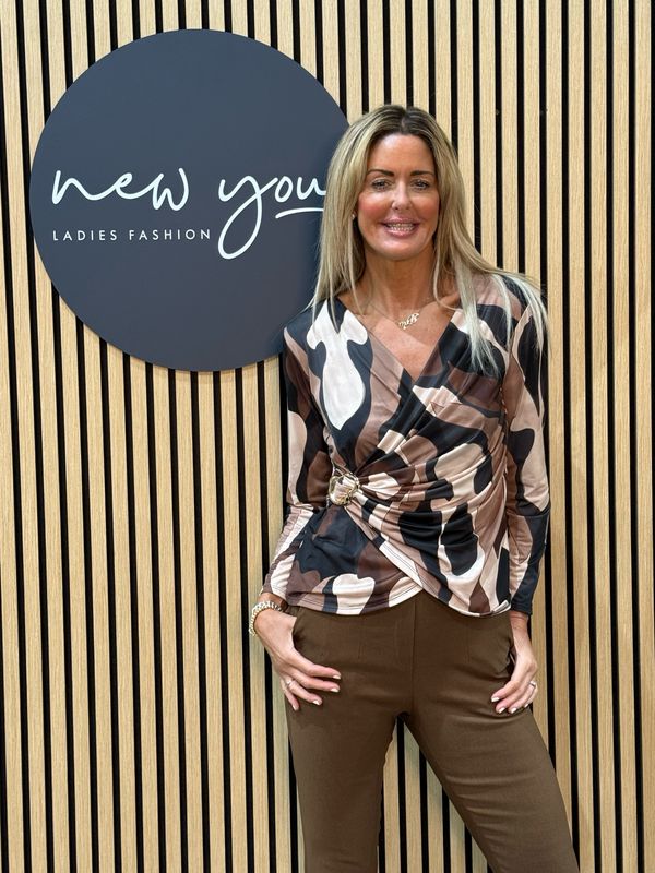 Veronica - Abstract Print Gold Buckle Design - Black/Coffee