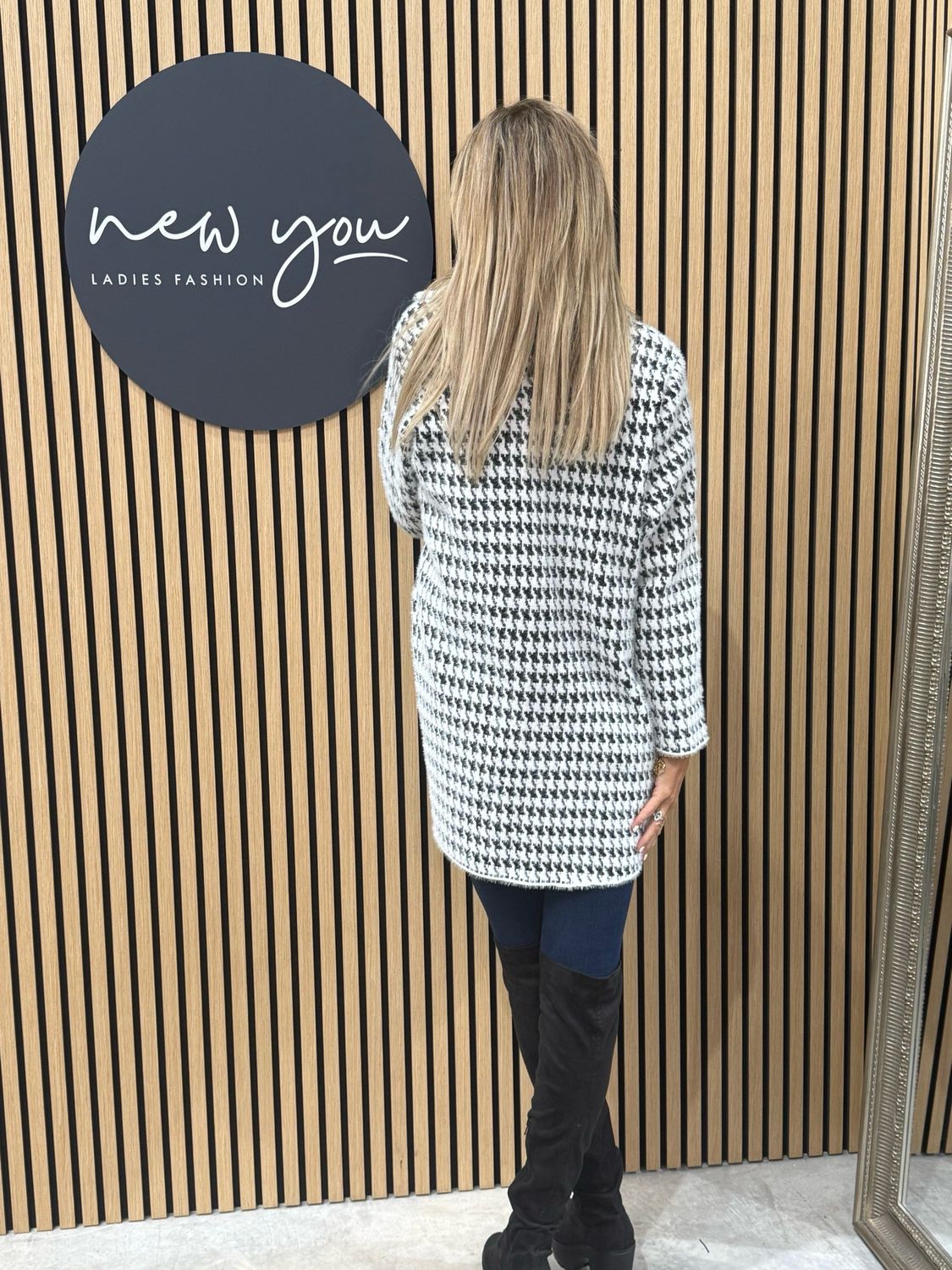 Houndstooth Print Button Coat - Black/White