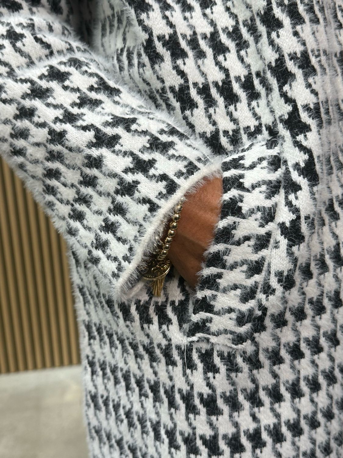 Houndstooth Print Button Coat - Black/White