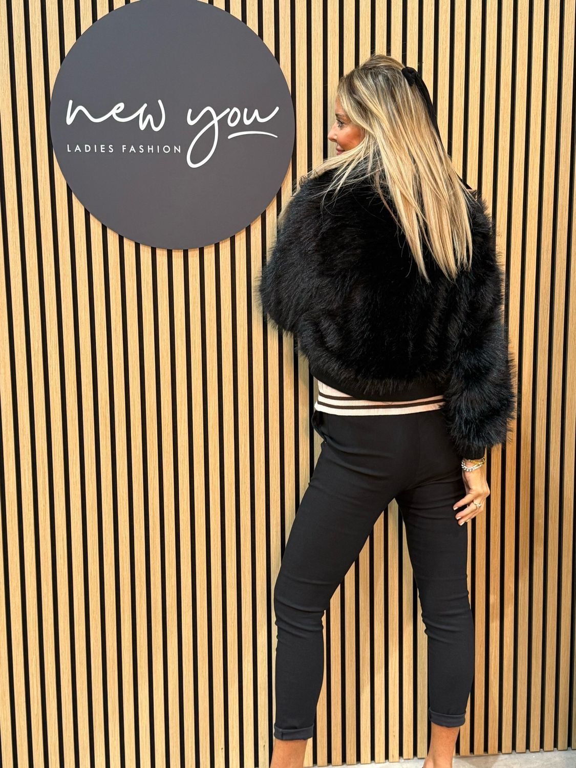Faux Fur &amp; Leather Look Jacket - Black