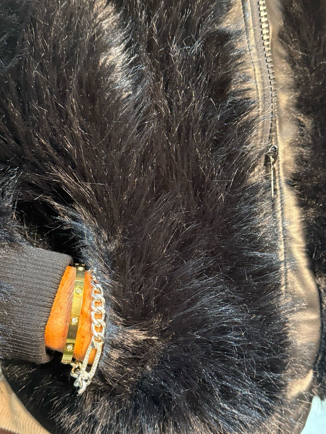 Faux Fur &amp; Leather Look Jacket - Black
