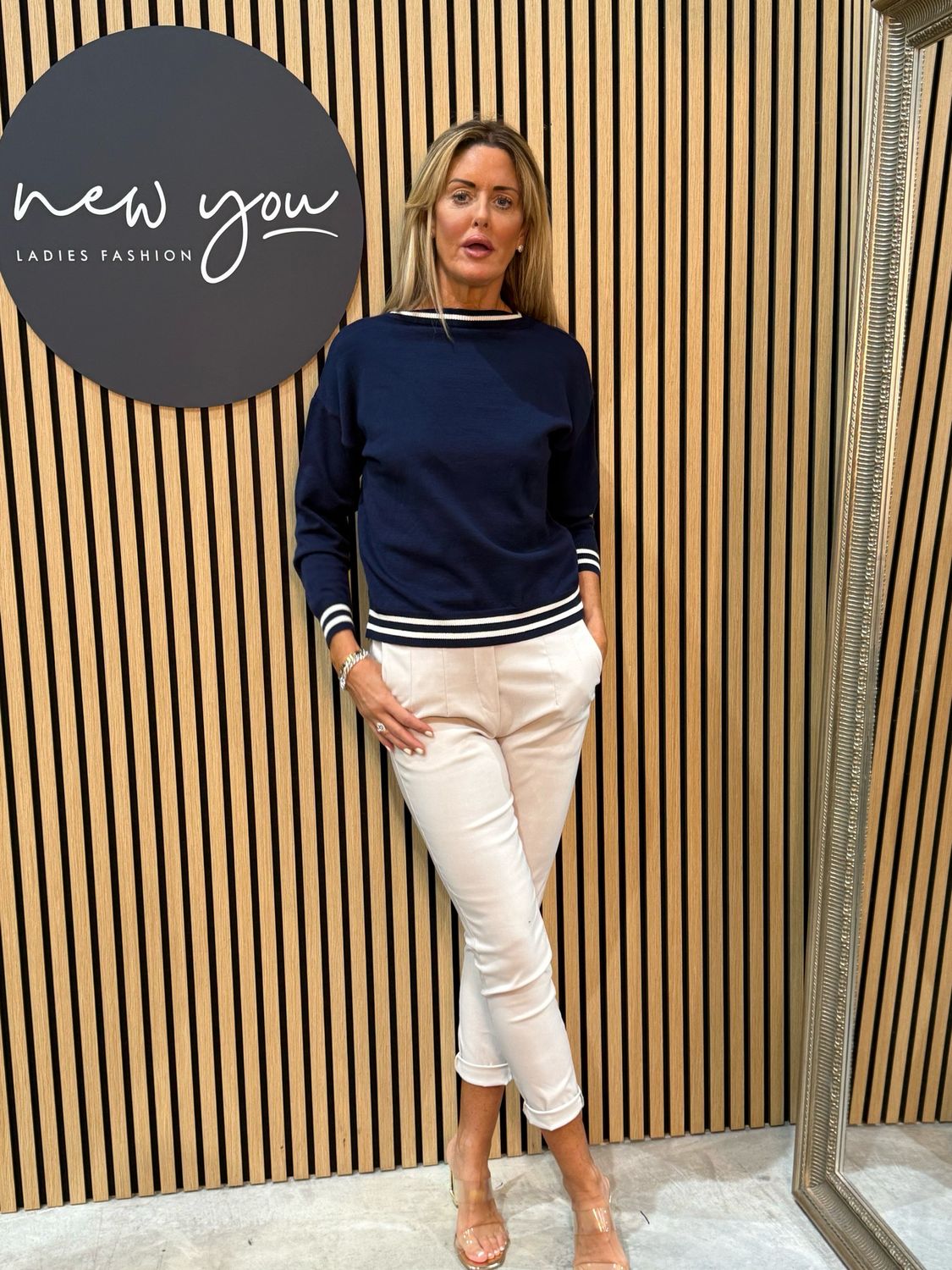 Striped Trim Knit Sweater - Navy