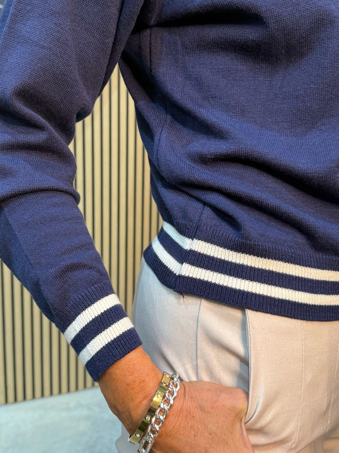 Striped Trim Knit Sweater - Navy