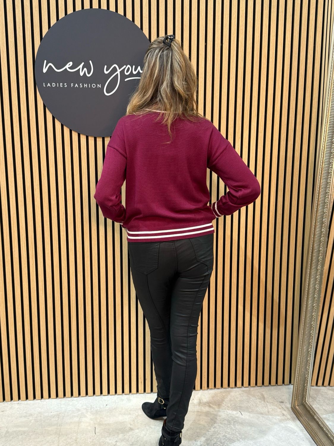Striped Trim Knit Sweater - Burgundy