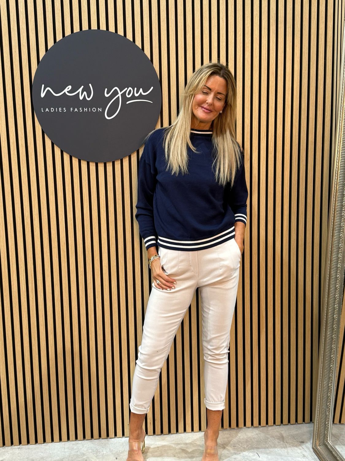Striped Trim Knit Sweater - Navy