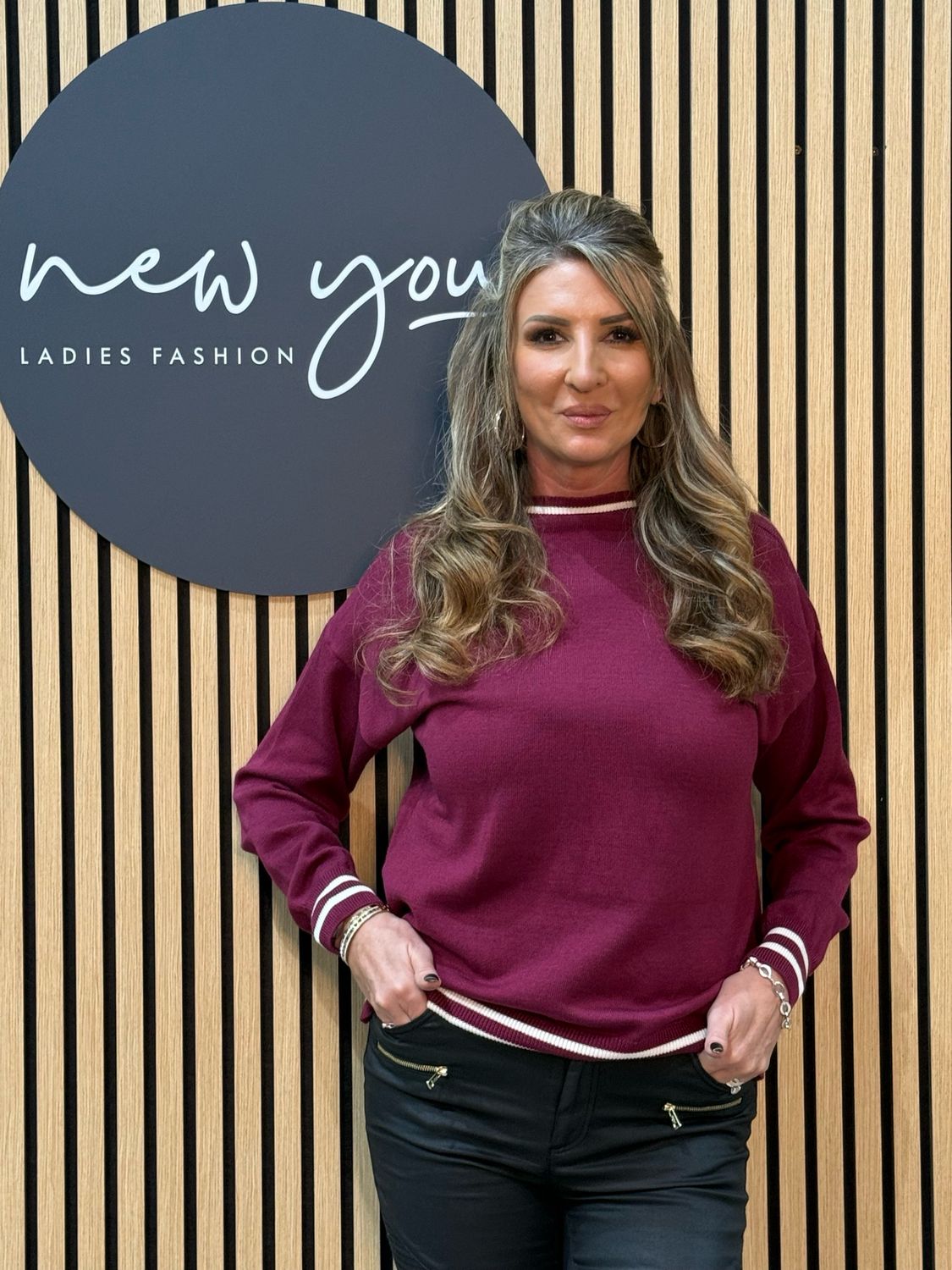 Striped Trim Knit Sweater - Burgundy