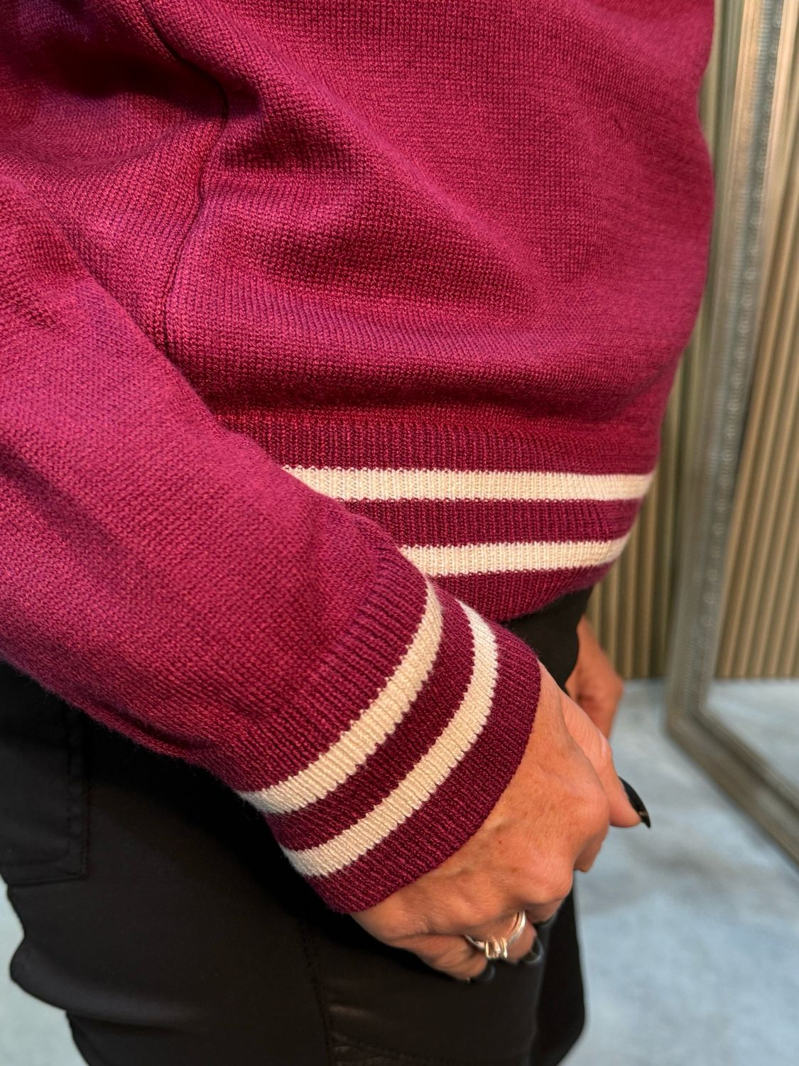 Striped Trim Knit Sweater - Burgundy