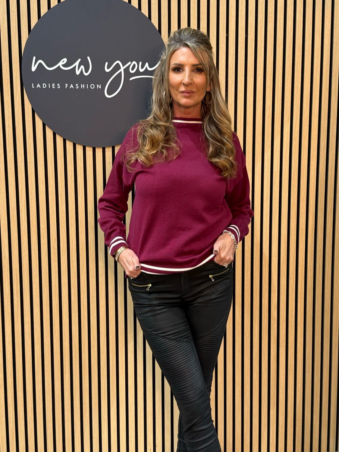 Striped Trim Knit Sweater - Burgundy