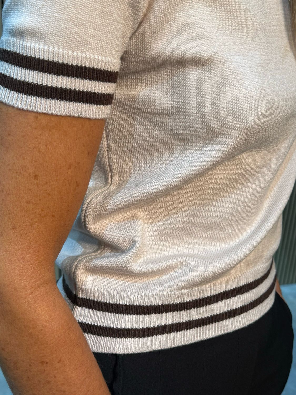 Striped Trim Short Sleeve Sweater - Cream