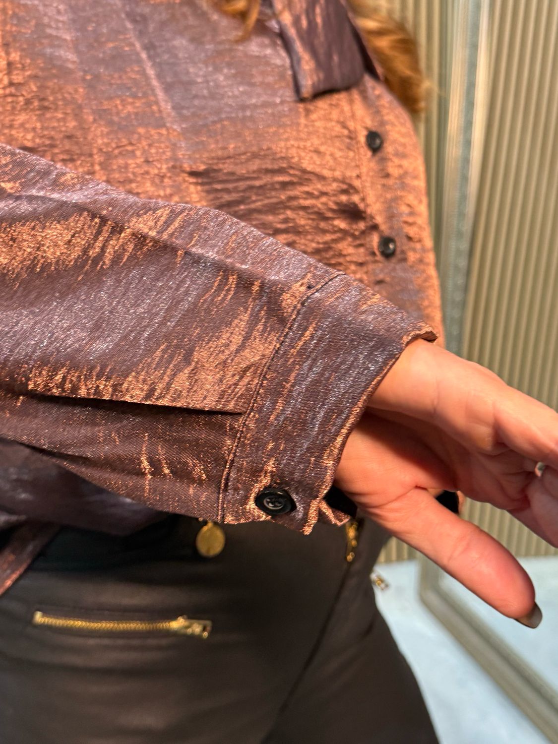Metallic Pussy Bow Blouse - Bronze