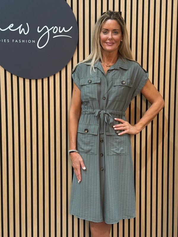 Pinstripe Utility Dress - Khaki