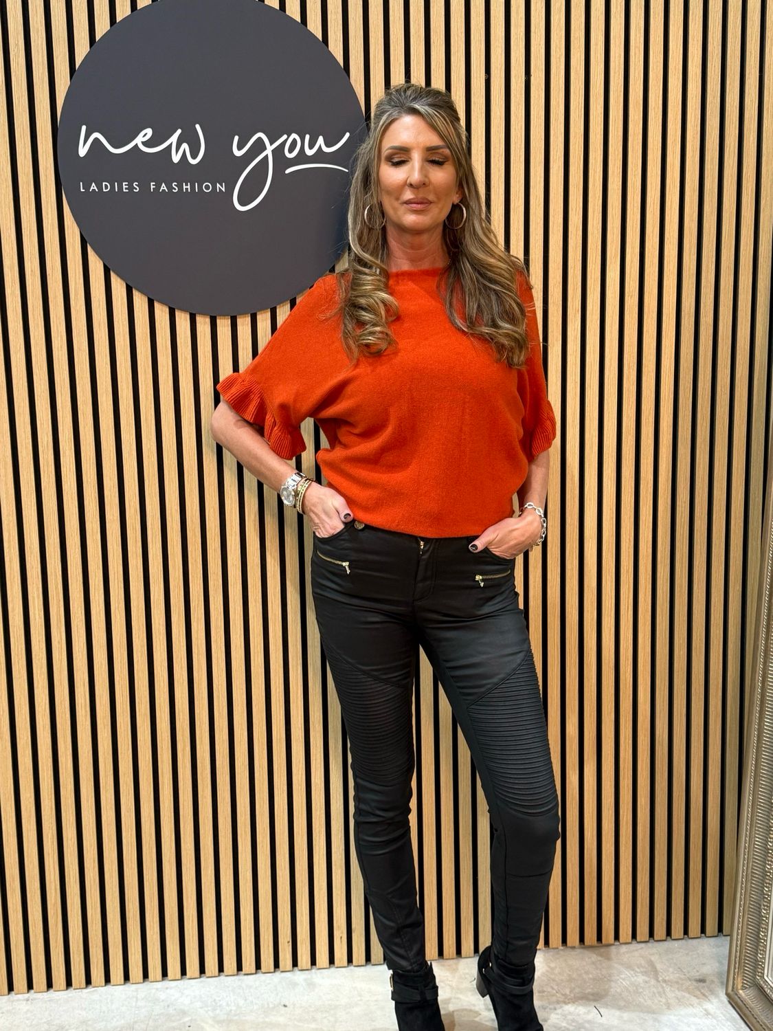Frill Sleeve Knit Top - Burnt Orange