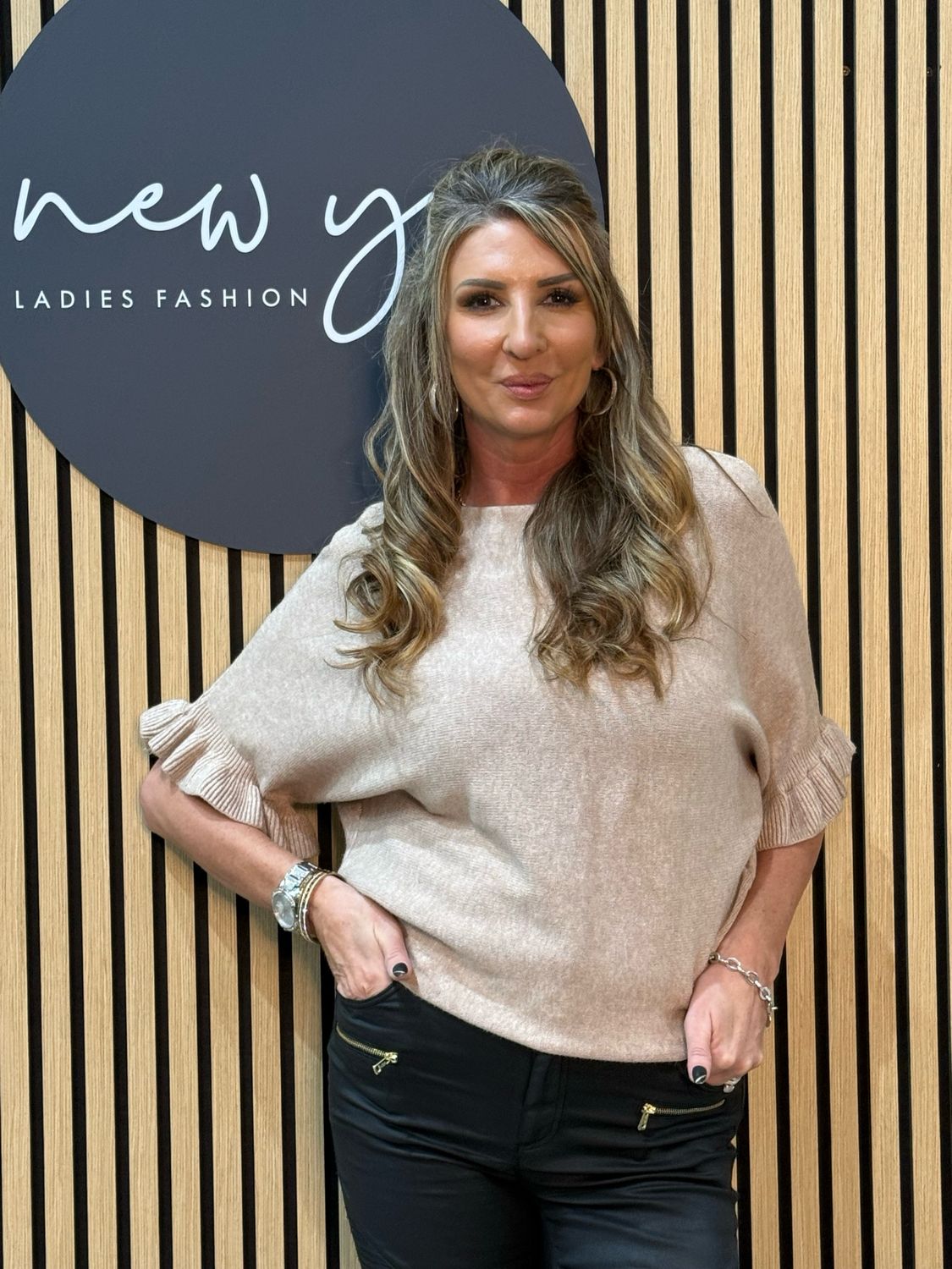 Frill Sleeve Knit Top - Taupe