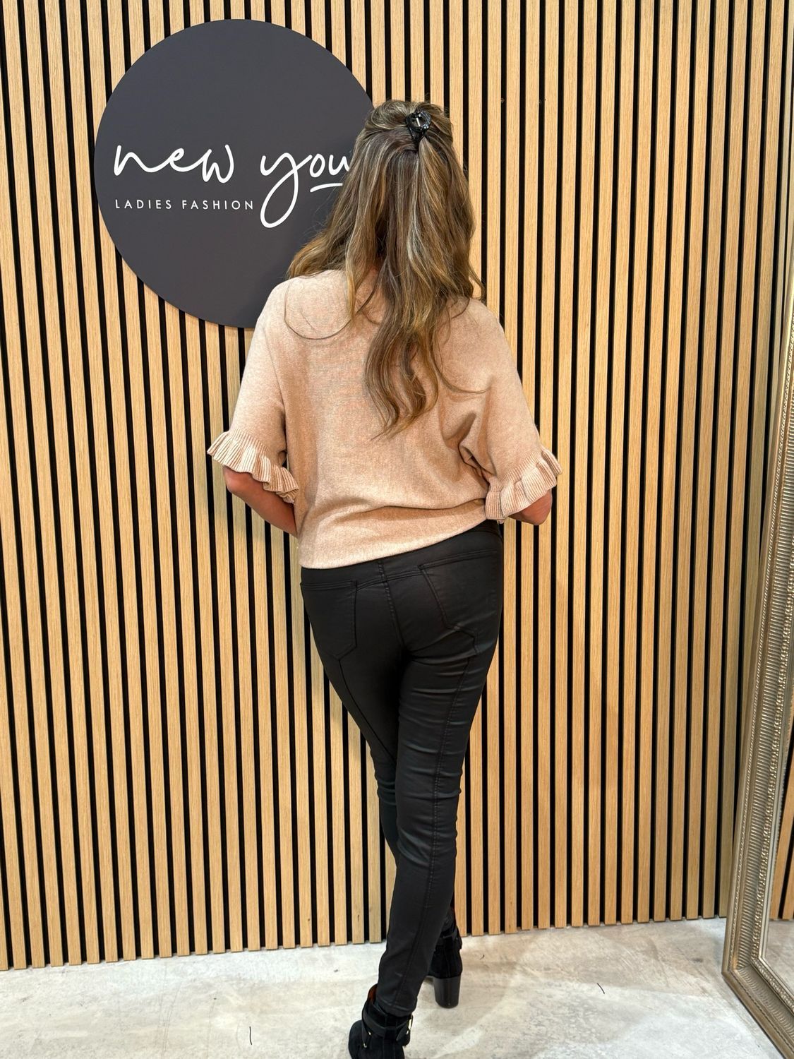 Frill Sleeve Knit Top - Taupe