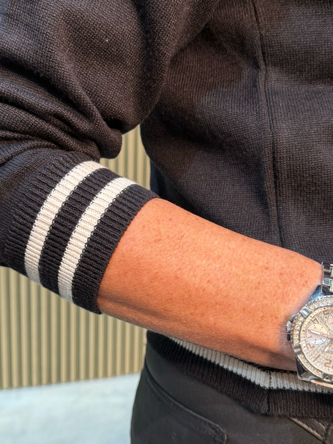 Striped Trim Knit Sweater - Black