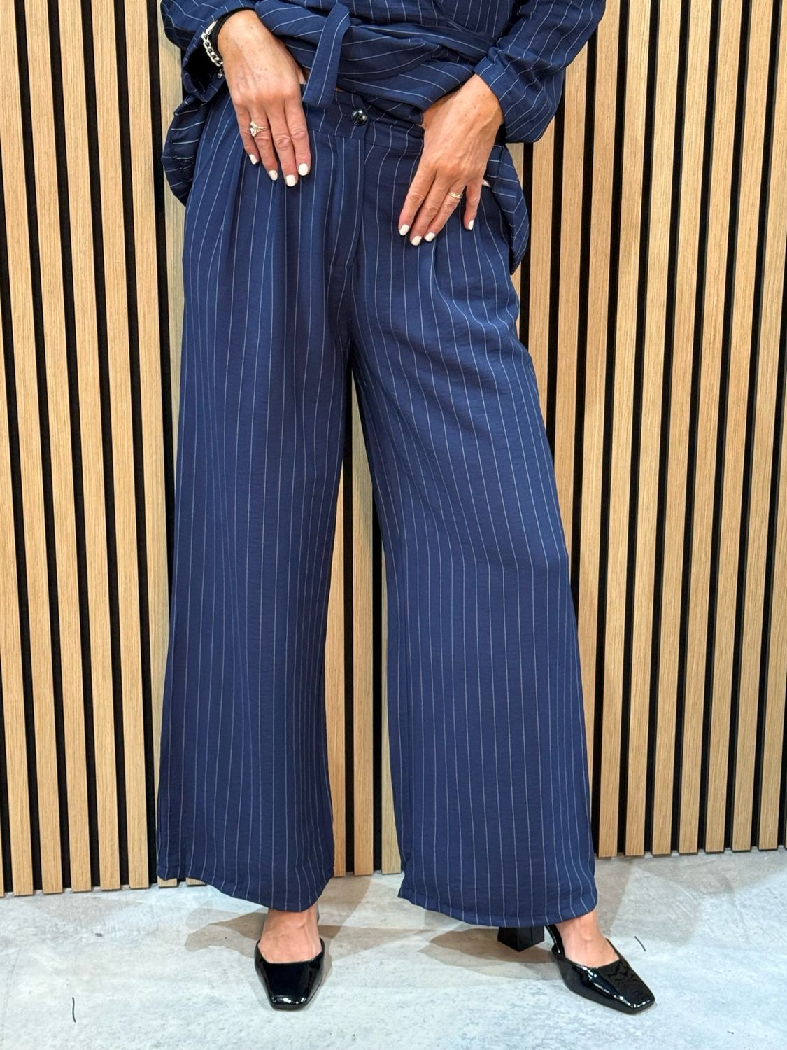 Pinstripe Wrap Jacket Trouser Suit - Navy
