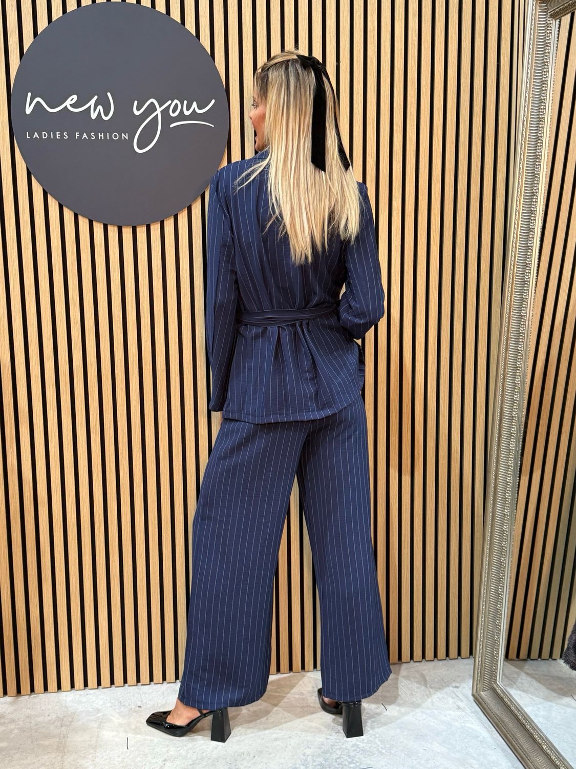 Pinstripe Wrap Jacket Trouser Suit - Navy