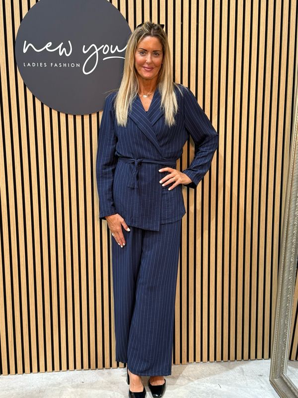 Pinstripe Wrap Jacket Trouser Suit - Navy