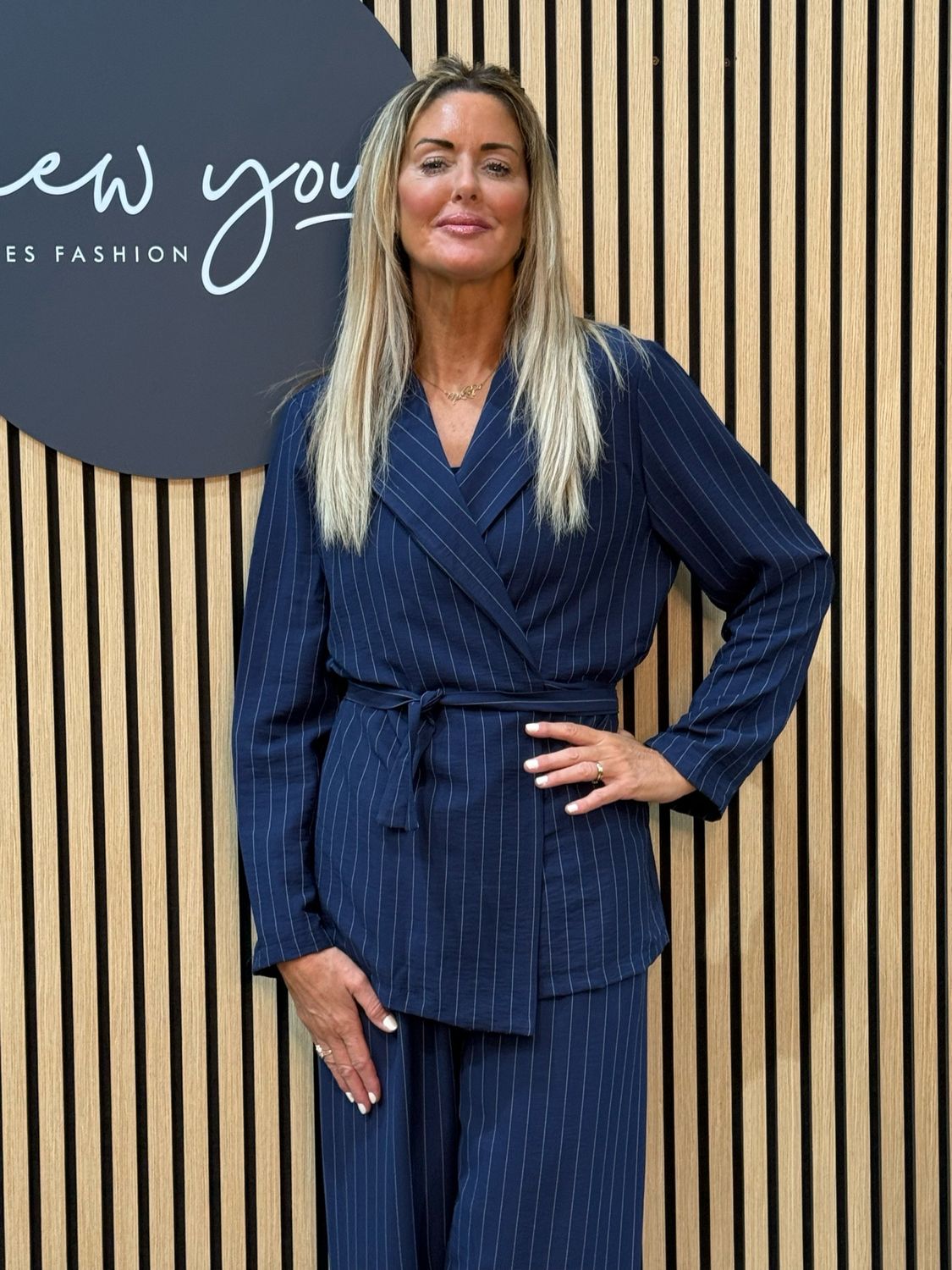 Pinstripe Wrap Jacket Trouser Suit - Navy