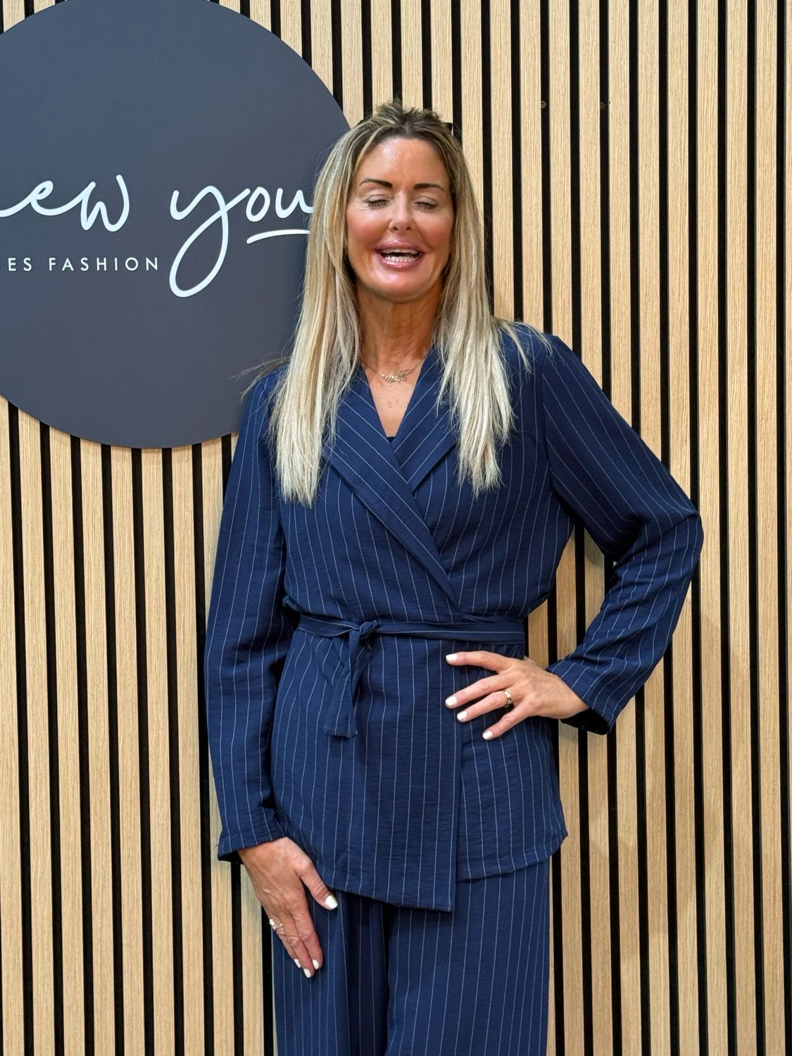 Pinstripe Wrap Jacket Trouser Suit - Navy