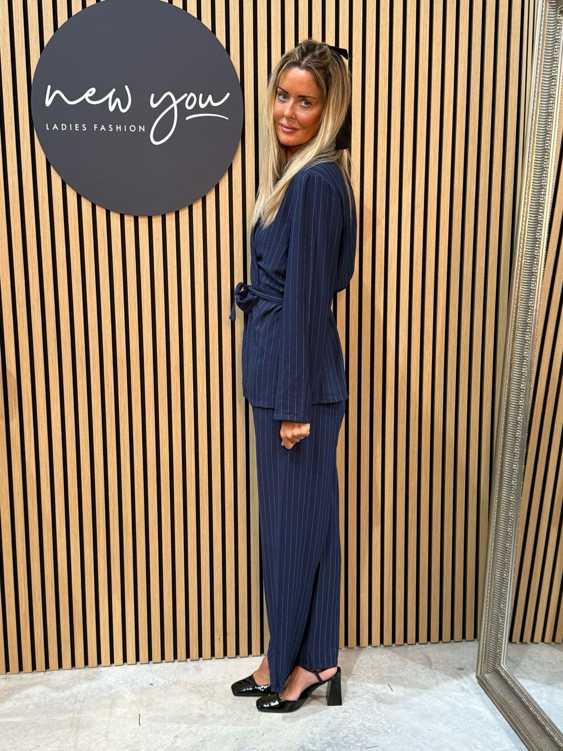 Pinstripe Wrap Jacket Trouser Suit - Navy