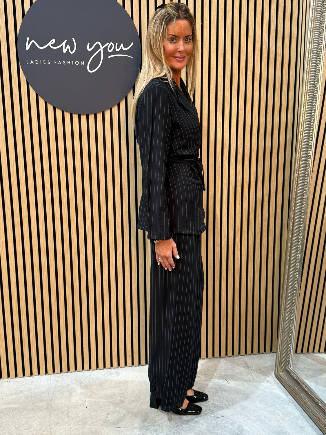 Pinstripe Wrap Jacket Trousers Suit - Black