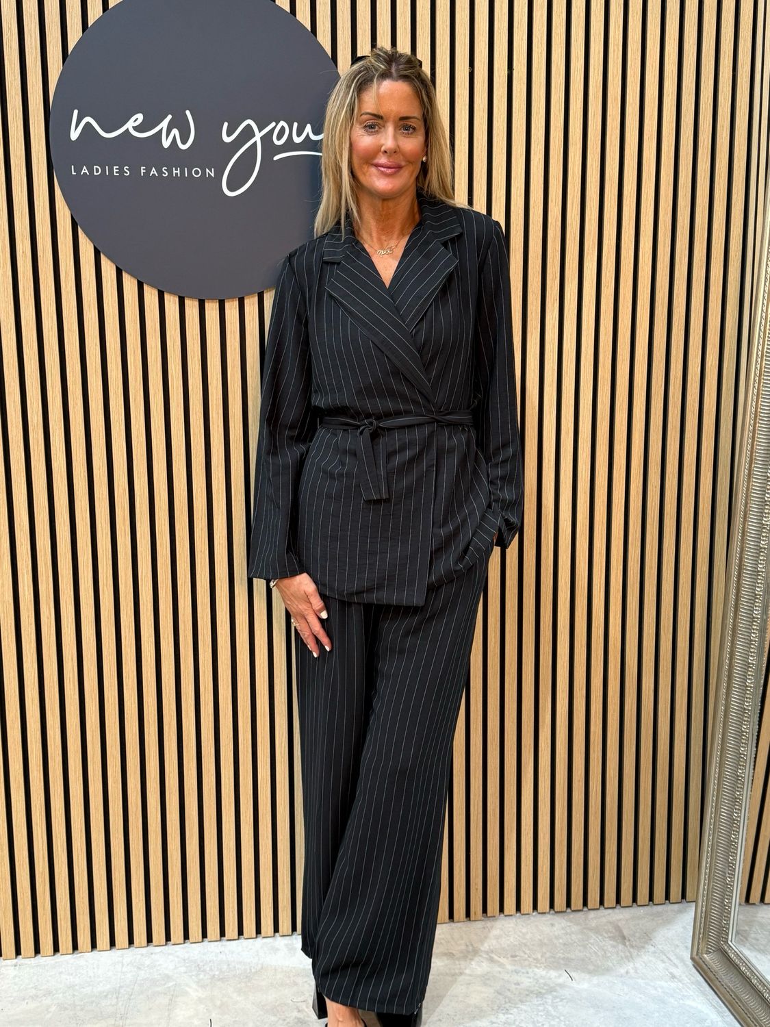 Pinstripe Wrap Jacket Trousers Suit - Black