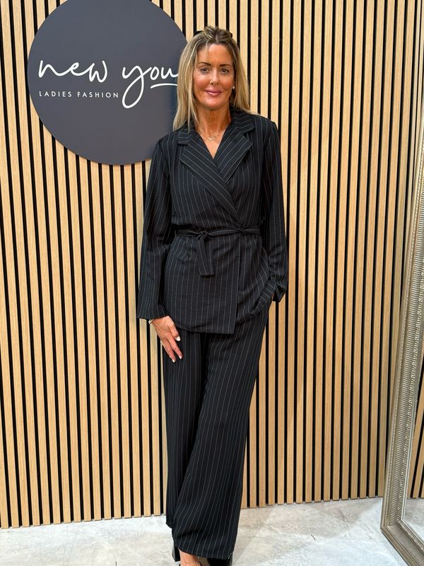 Pinstripe Wrap Jacket Trousers Suit - Black