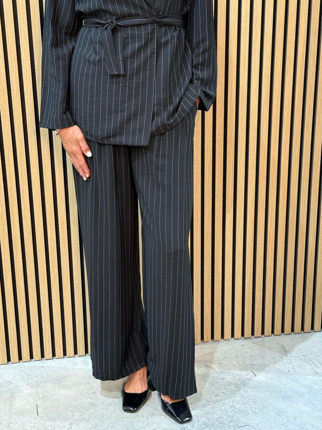 Pinstripe Wrap Jacket Trousers Suit - Black
