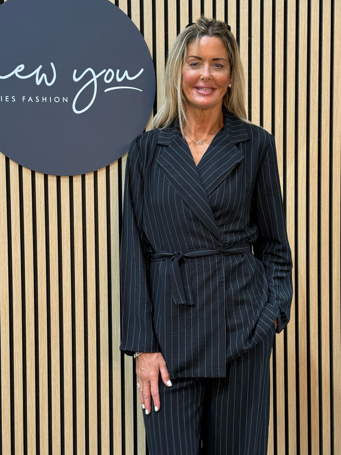 Pinstripe Wrap Jacket Trousers Suit - Black