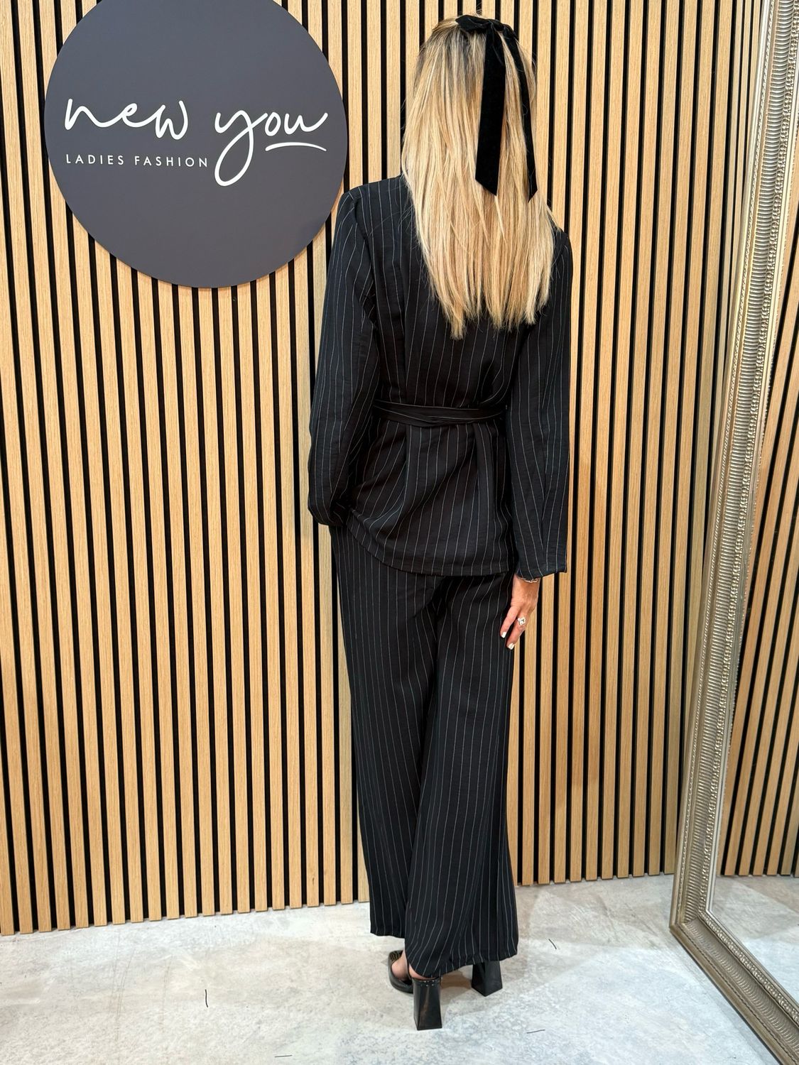 Pinstripe Wrap Jacket Trousers Suit - Black
