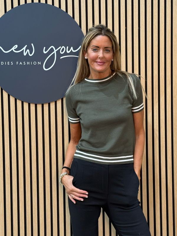 Striped Trim Short Sleeve Sweater - Khaki