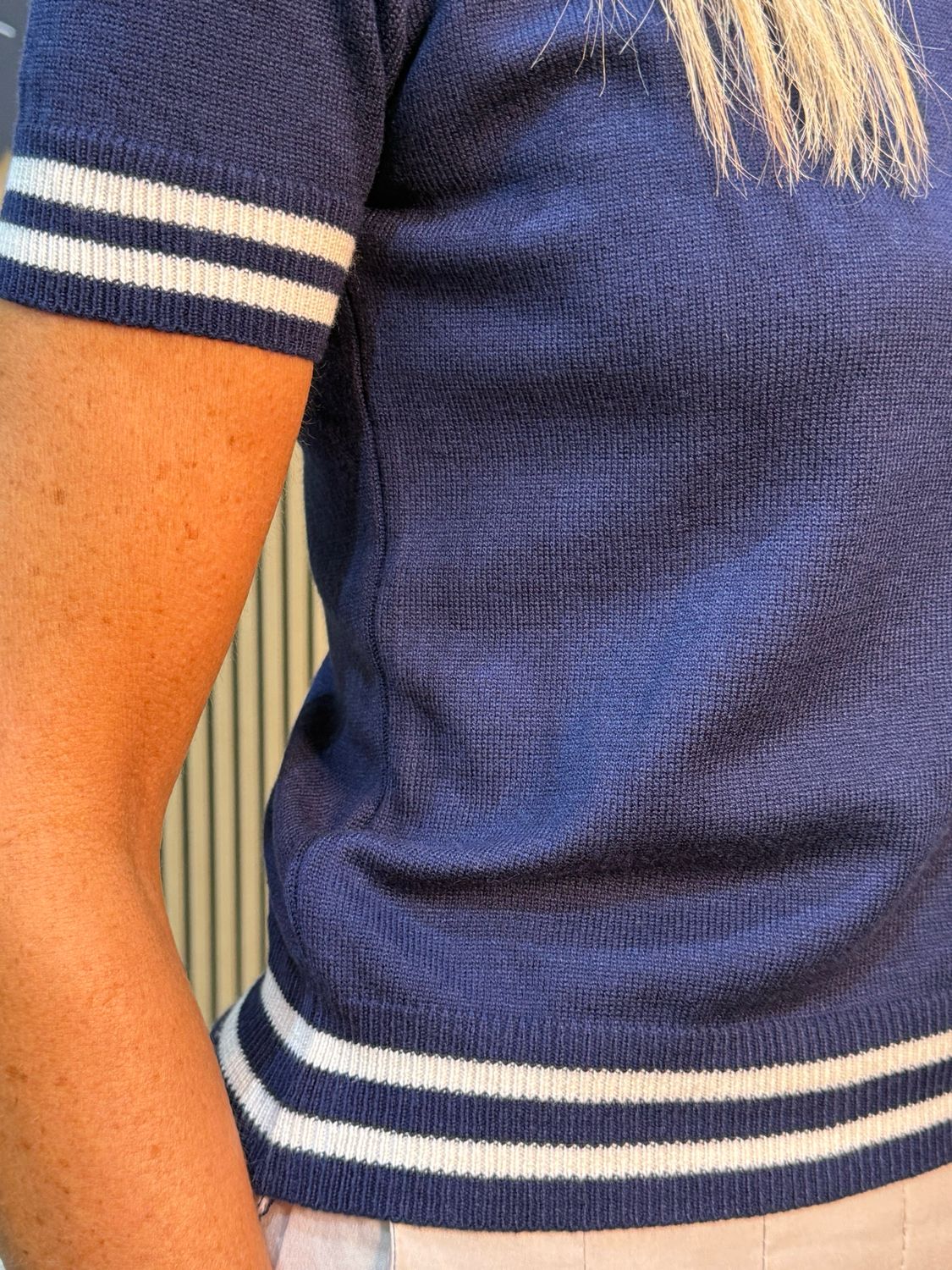 Striped Trim Short Sleeve Sweater - Navy