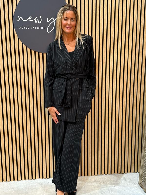 Double Breasted Pinstripe Trouser Suit - Black