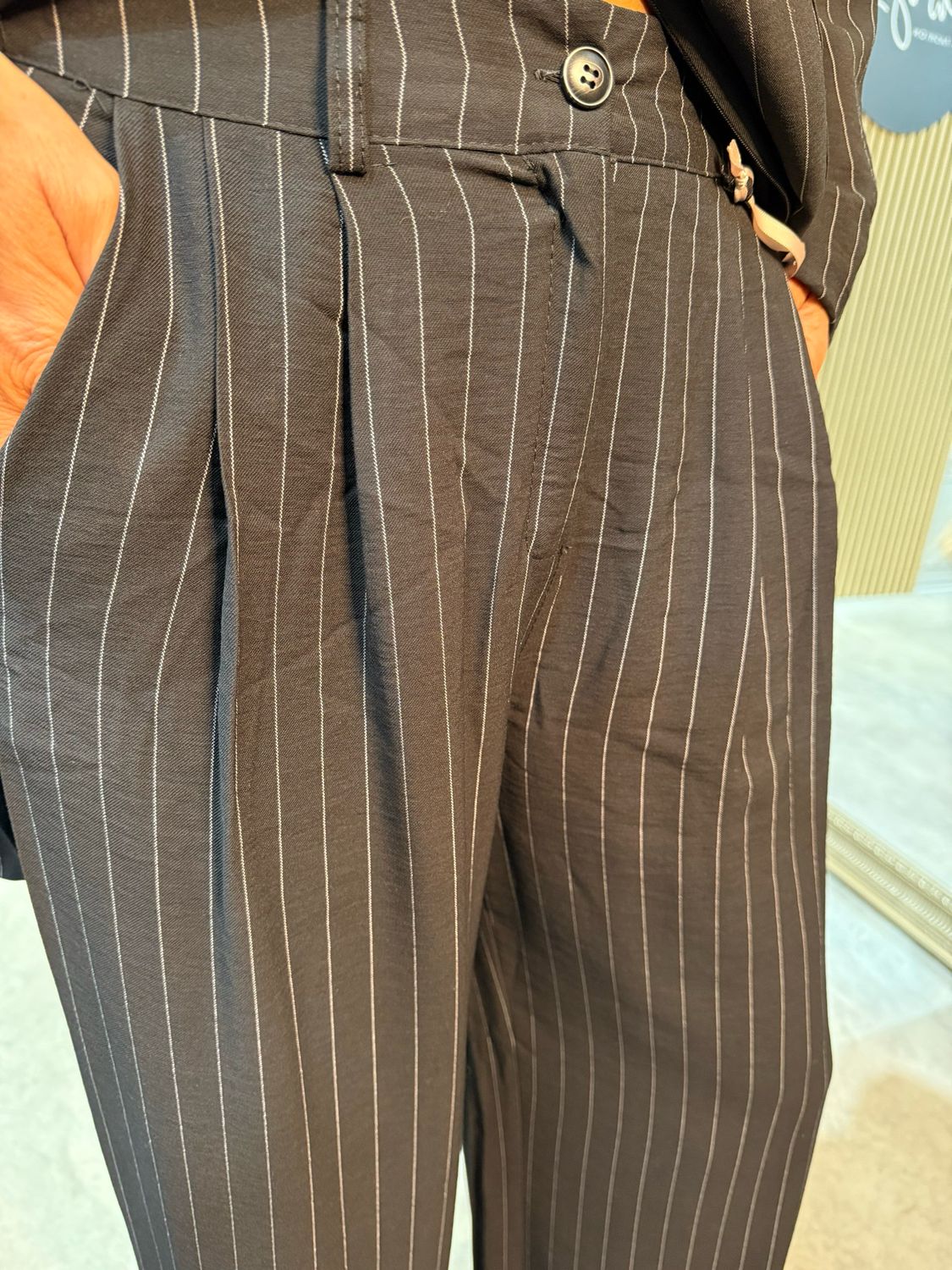 Double Breasted Pinstripe Trouser Suit - Black