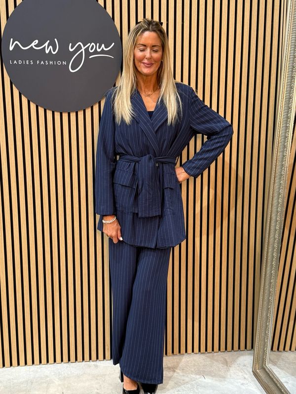 Double Breasted Pinstripe Trouser Suit - Navy