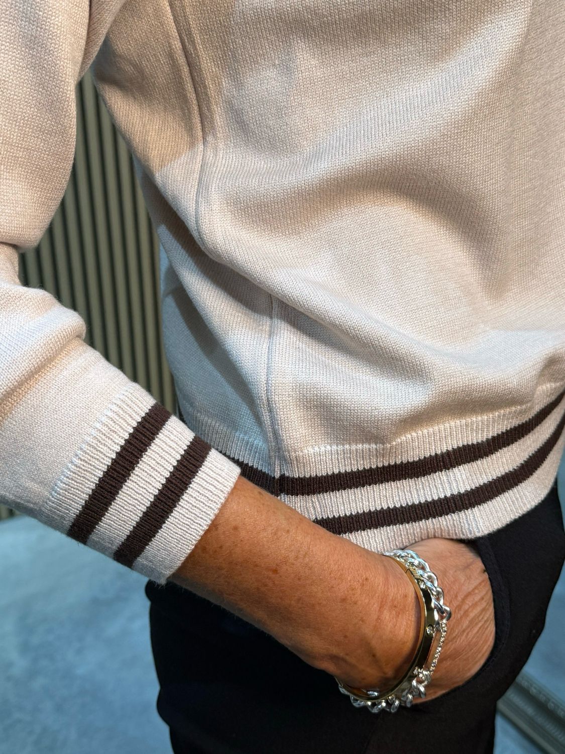 Striped Trim Knit Sweater - Cream