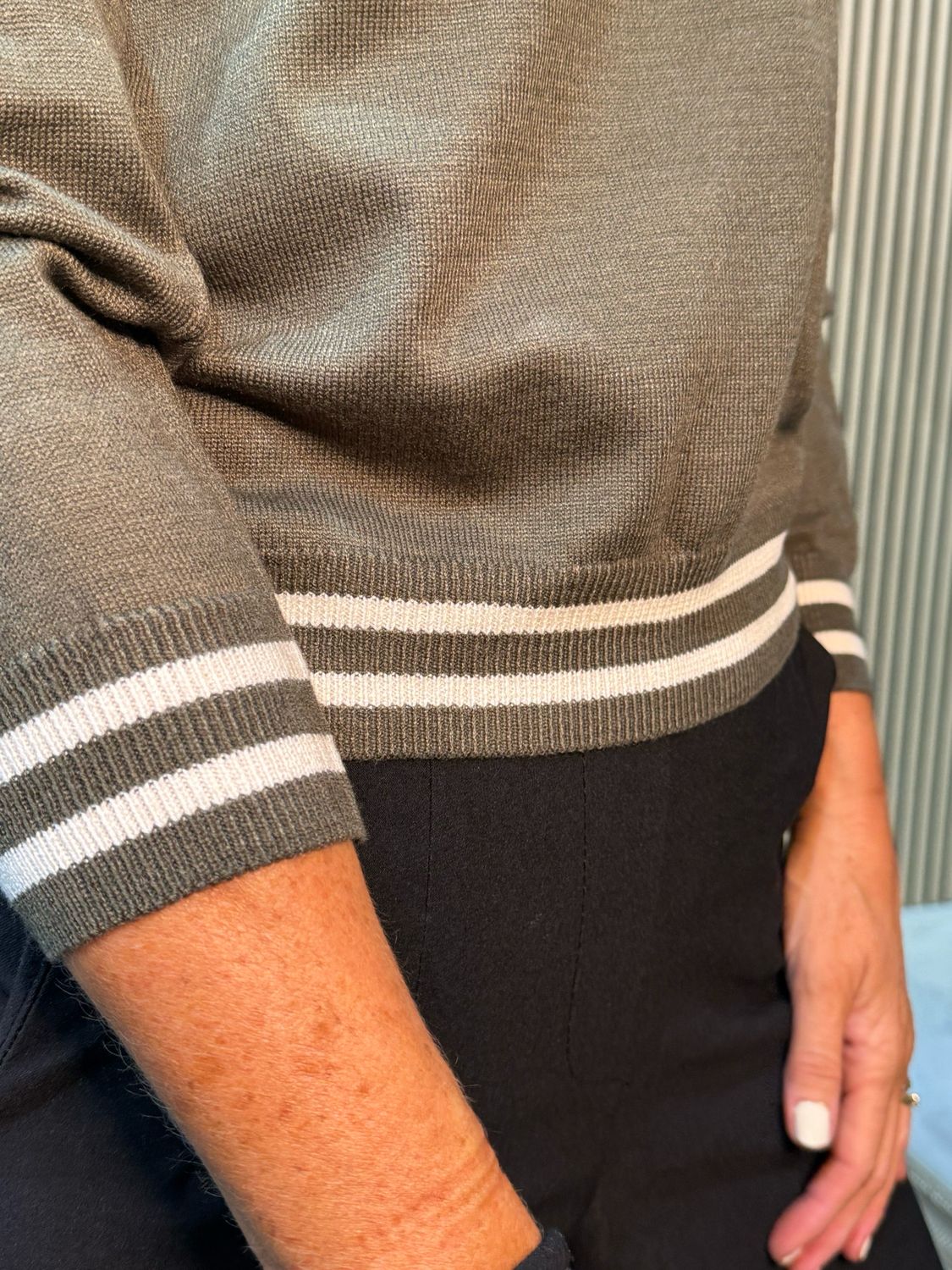 Striped Trim Knit Sweater - Khaki